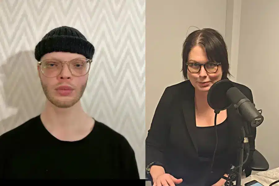 2 bilder satt sammen. Til venstre er mann med briller og lue. Til høyre er dame med mikrofon forann seg i podcast studio.